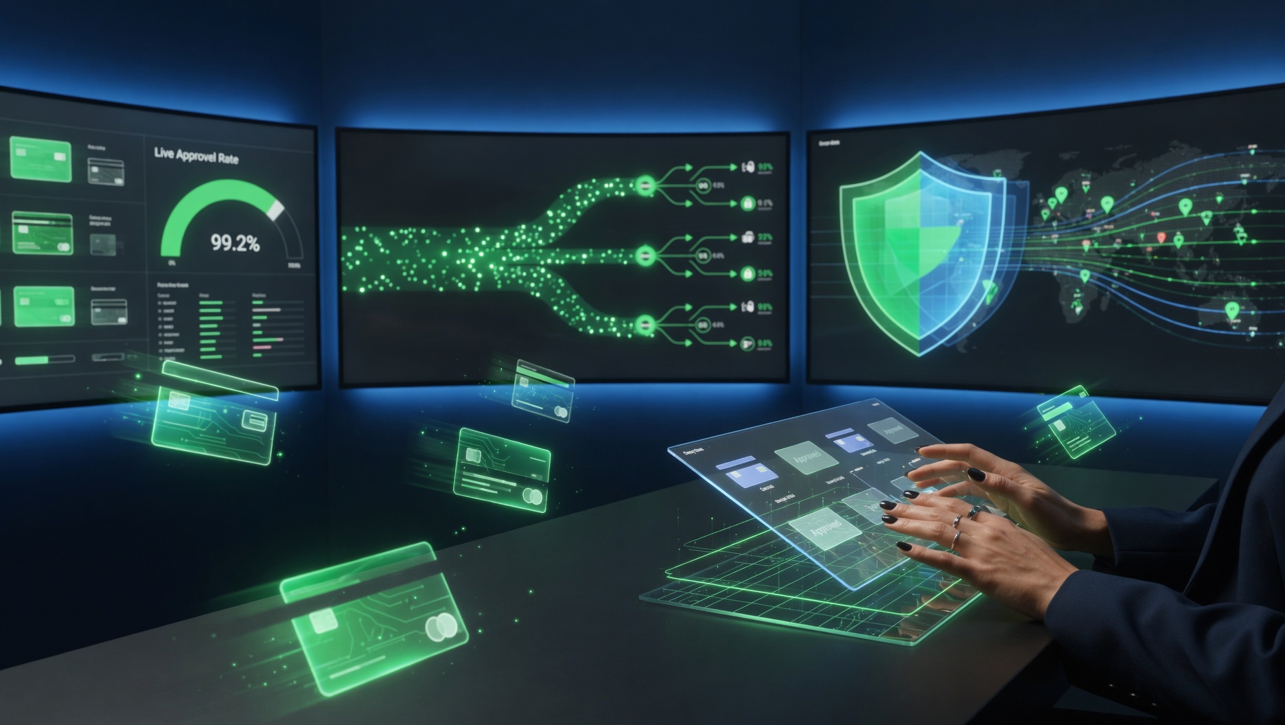 AI payment command center — holographic payment cards and approval screens